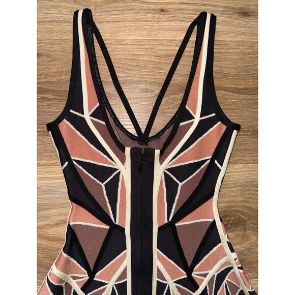 Herve Leger Brown Geometric Patchwork Jacquard Knit Hazel Mini Dress -size XXS - Picture 10 of 12